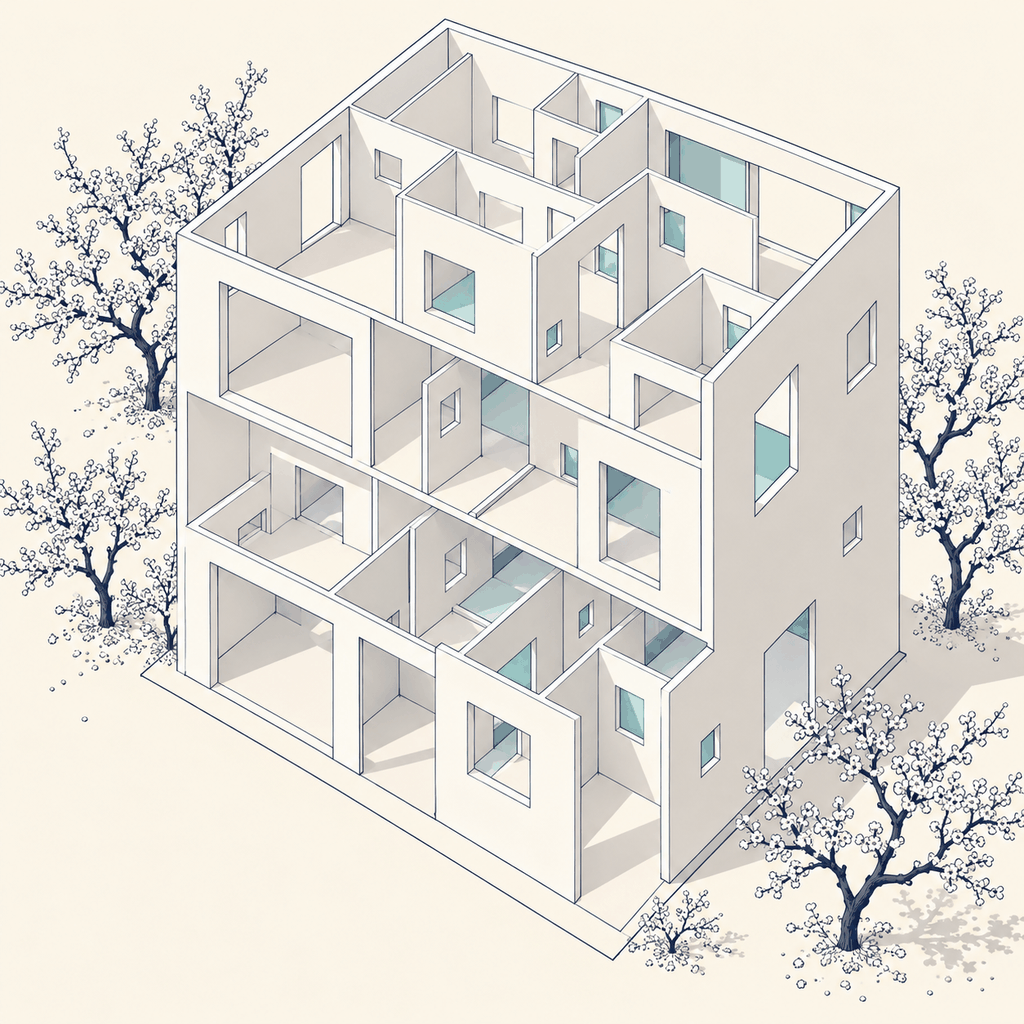 梅林の家の構成を示す模式図。薄い壁で分けられた小さな部屋が、大小の四角い開口でつながる